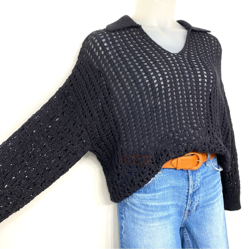 Cotton On NWT Open Knit Crochet Top Black Collared V Neck Size S